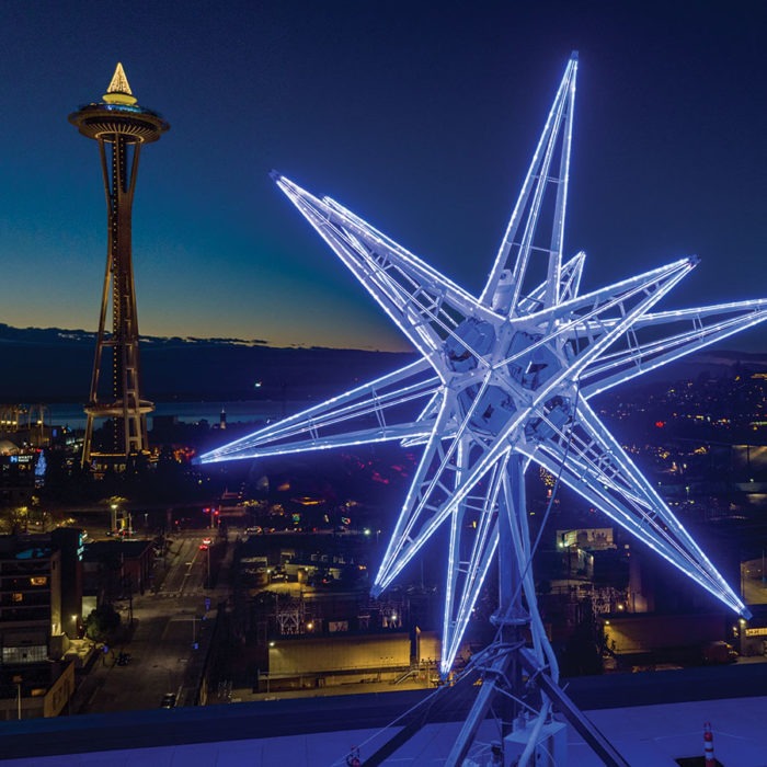 Kilroy Stars custom sculpture with programmable LED lighting, fabricated by Engineered Artworks