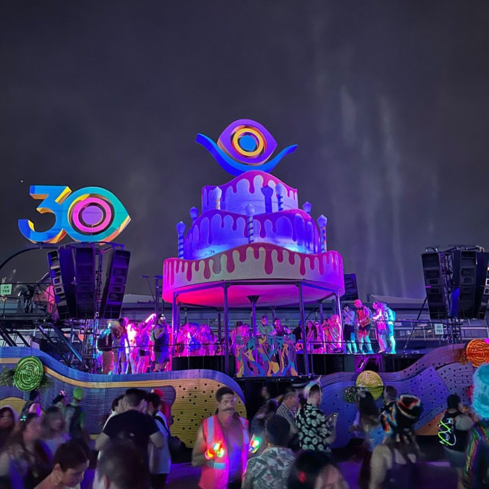 Fabricated illuminated art car for Electric Daisy Carnival 30th Anniversary by Engineered Artworks with integrated lighting and audio systems