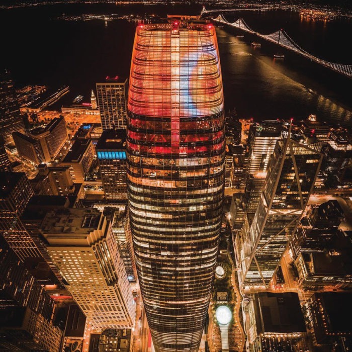 LED public art maintenance and restoration by Engineered Artworks for Day for Night on Salesforce Tower in San Francisco