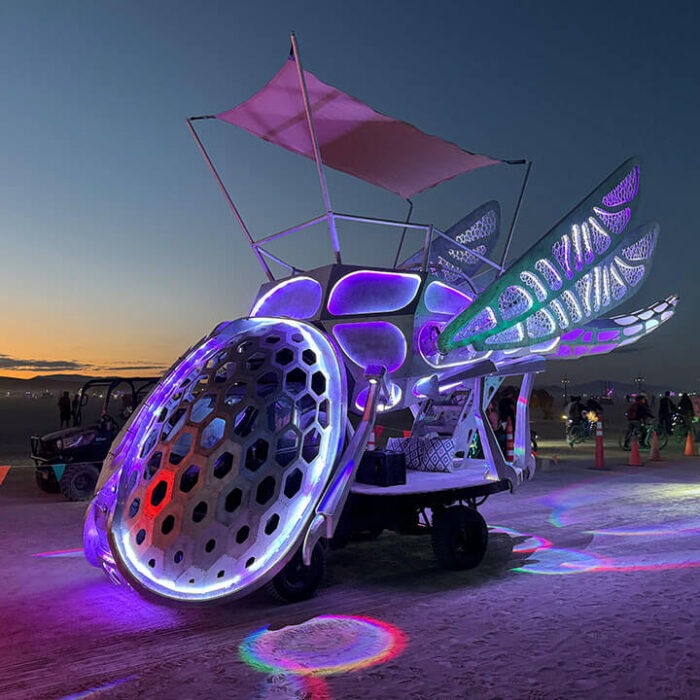 Kinetic metal sculpture and art car fabricated by Engineered Artworks for Sean Orlando with integrated LED design